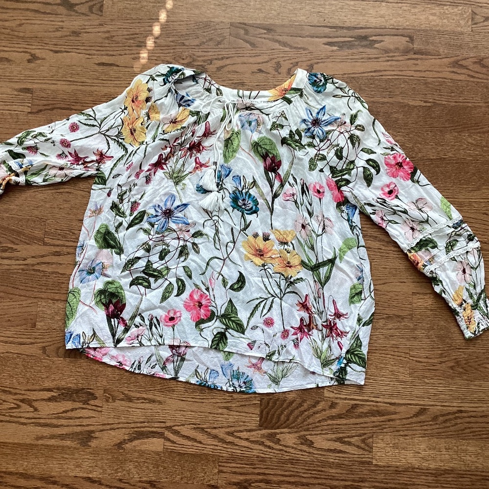 Jane + Delancey large print floral blouse Sz XL long sleeve tie neckline Boho